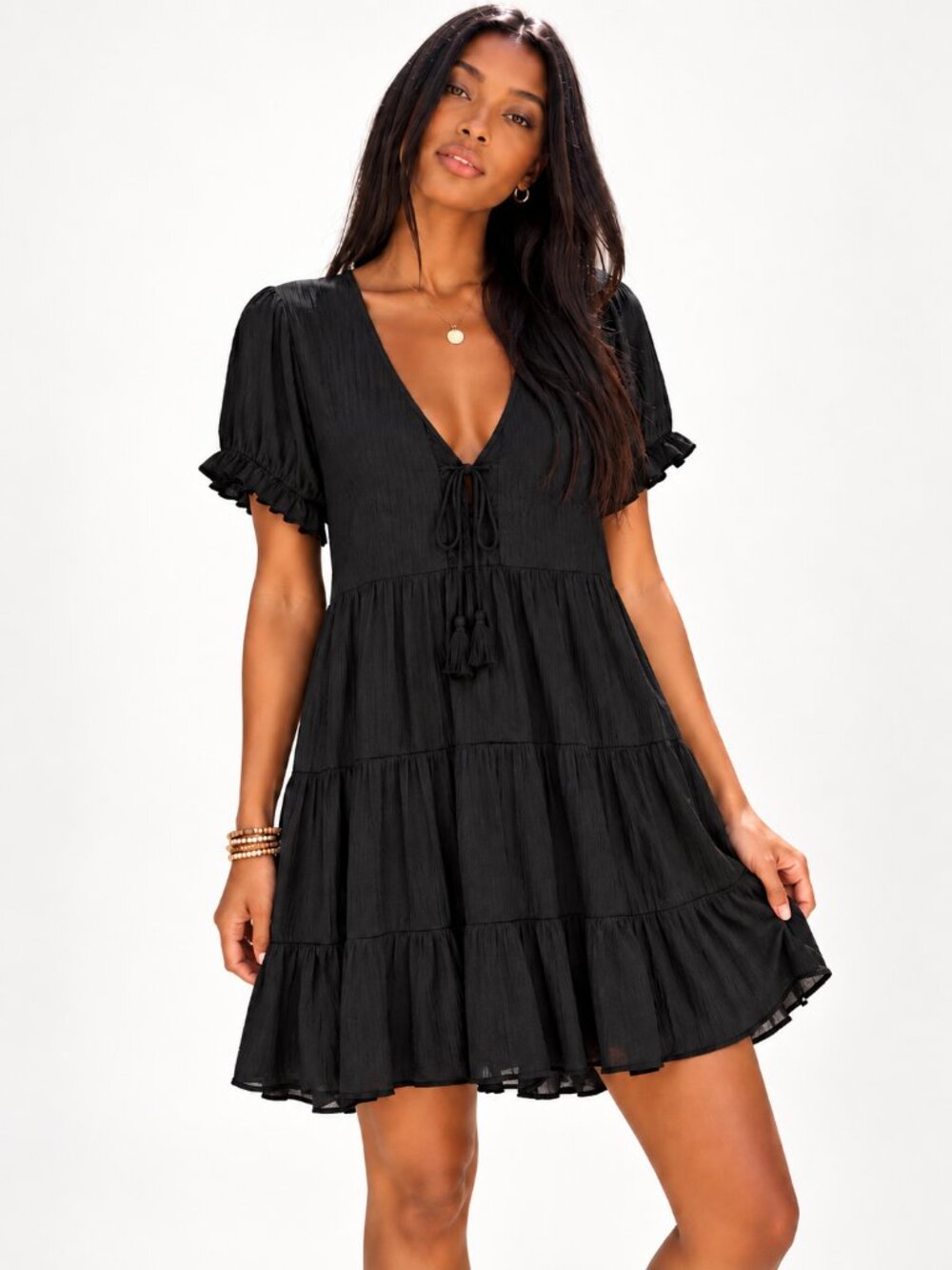 So Panel Mini Dress Classic Tassel Tie V Neck Ruffle Sleeve Rayon L NWOT